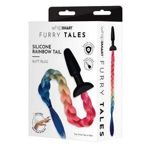 A black butt plug with a tail in rainbow colors