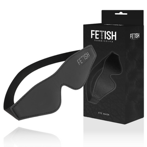 A BDSM blindfold made of vegan leather in black, with box