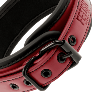 Detail shot of the buckle on a BDSM collar with leash made from vegan leather in red and black colour