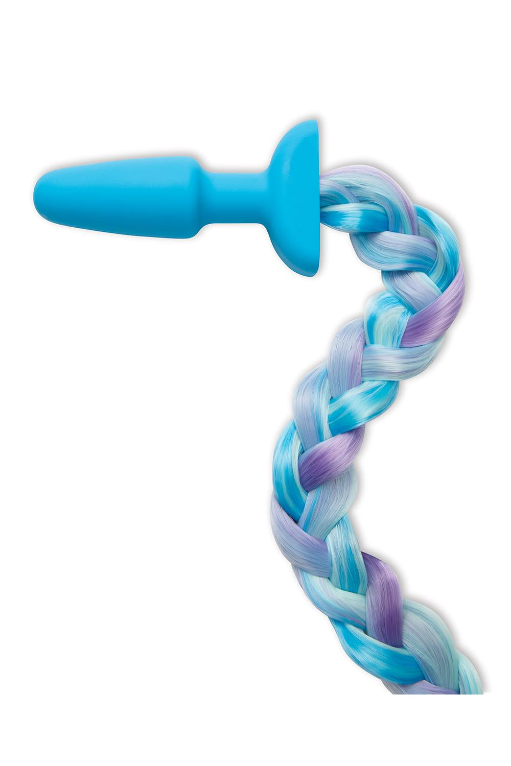 A blue butt plug with a tail