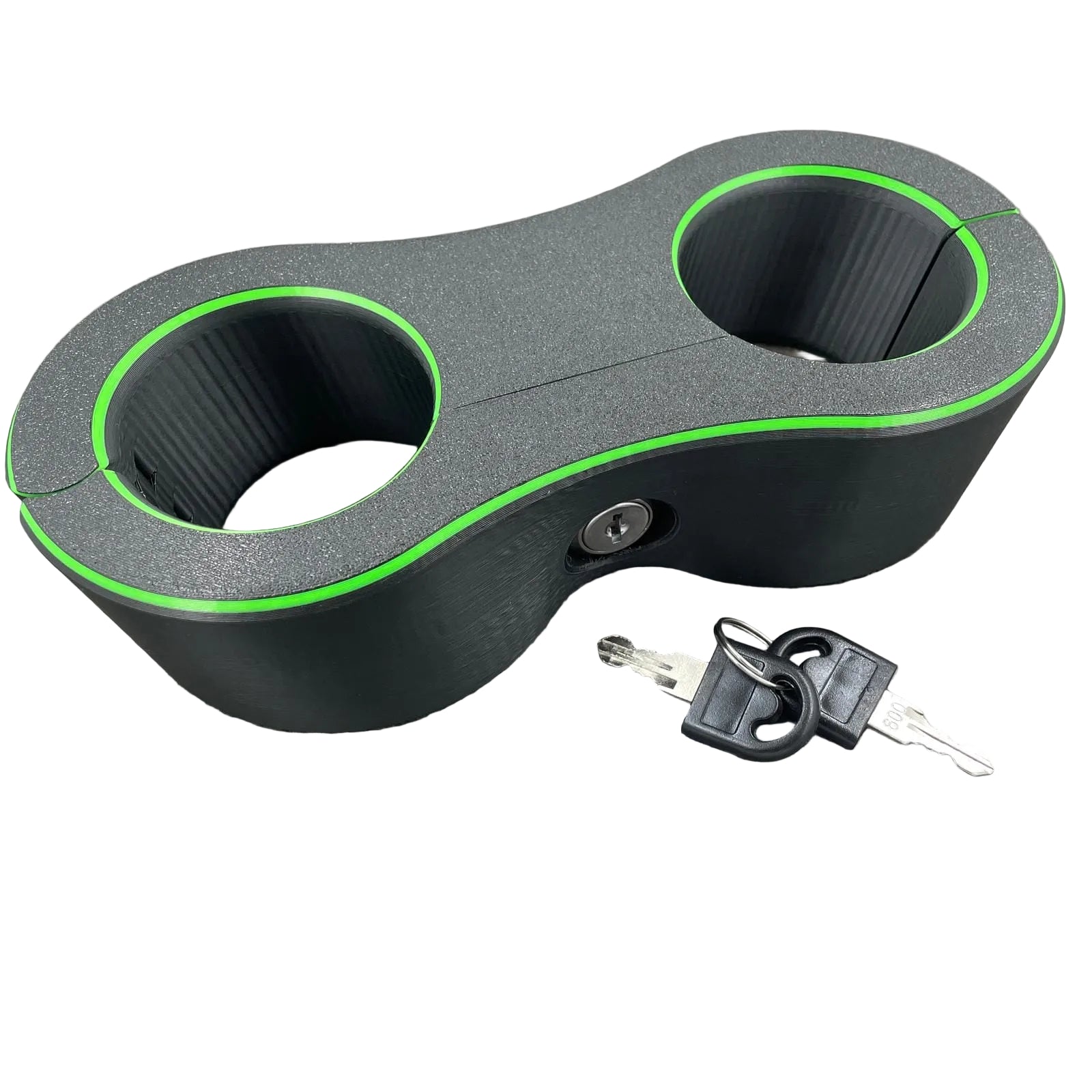 Een set polsboeien met slot voor BDSM in het zwart met groene accenten