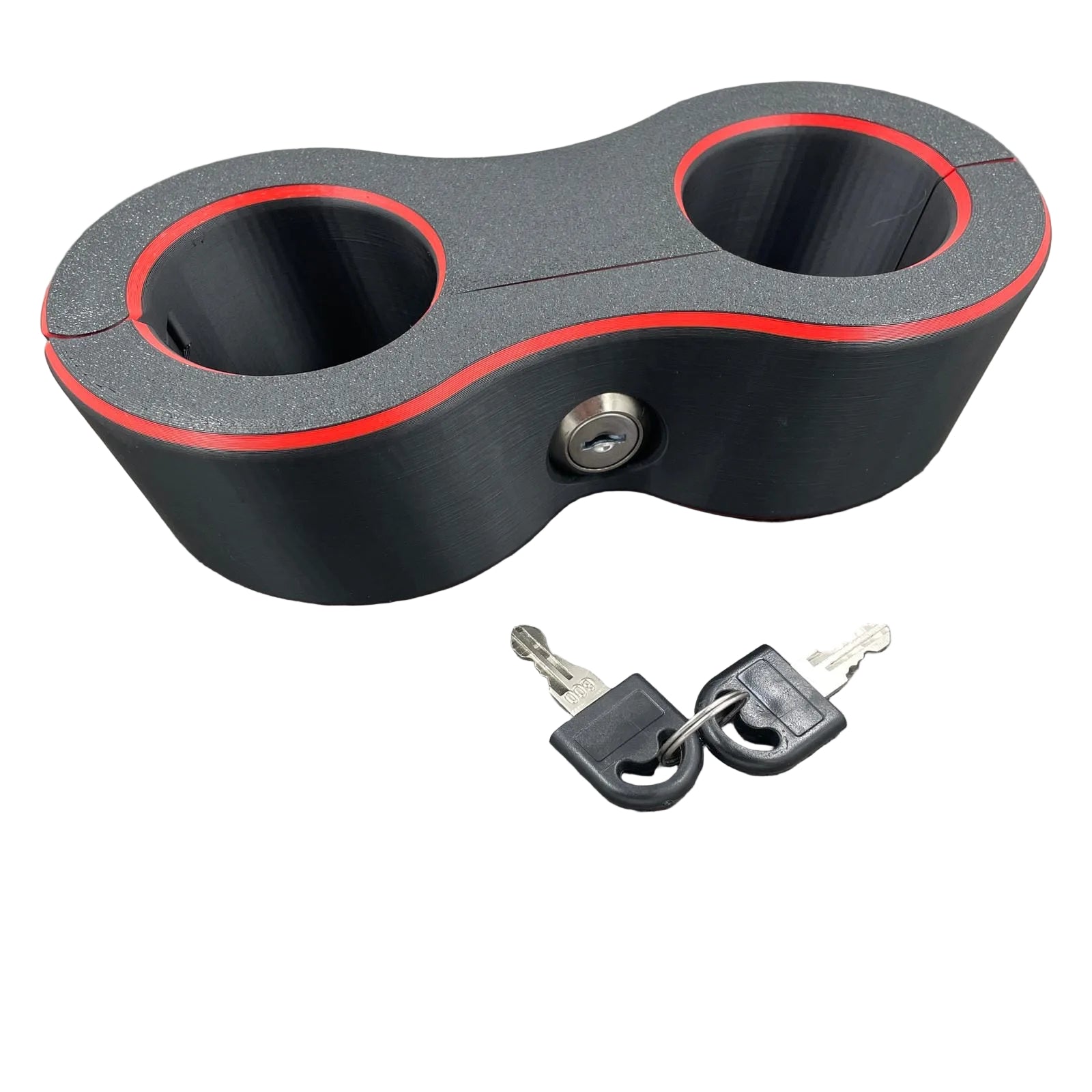 Een set polsboeien met slot voor BDSM in het zwart met rode accenten