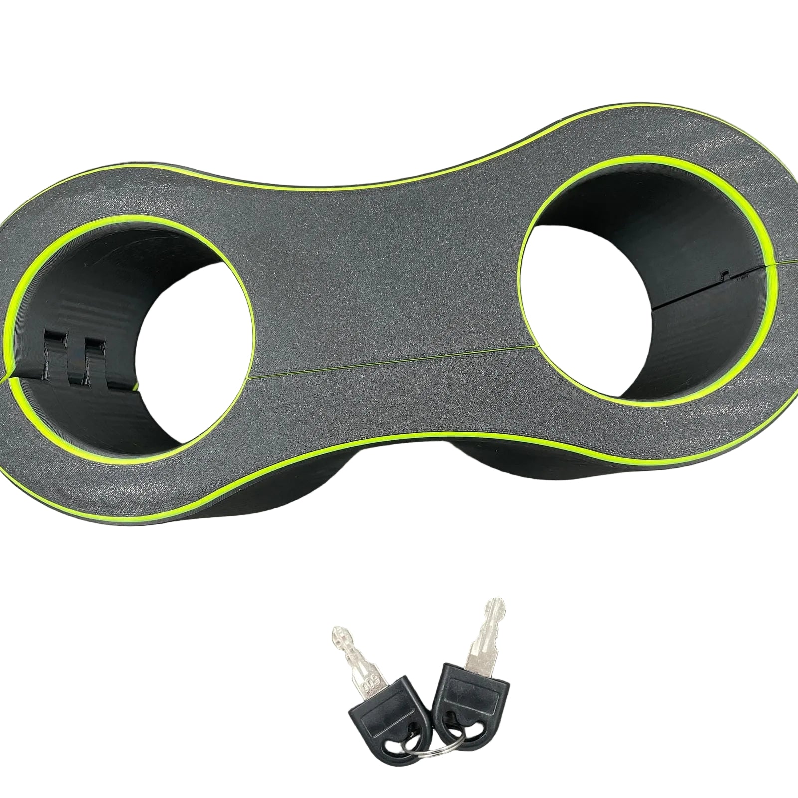 Detailfoto van polsboeien met slot voor BDSM in het zwart met UV-gele accenten