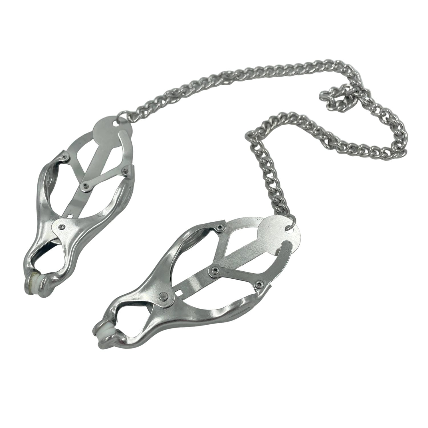 A set of silver BDSM clover nipple clamps with chain