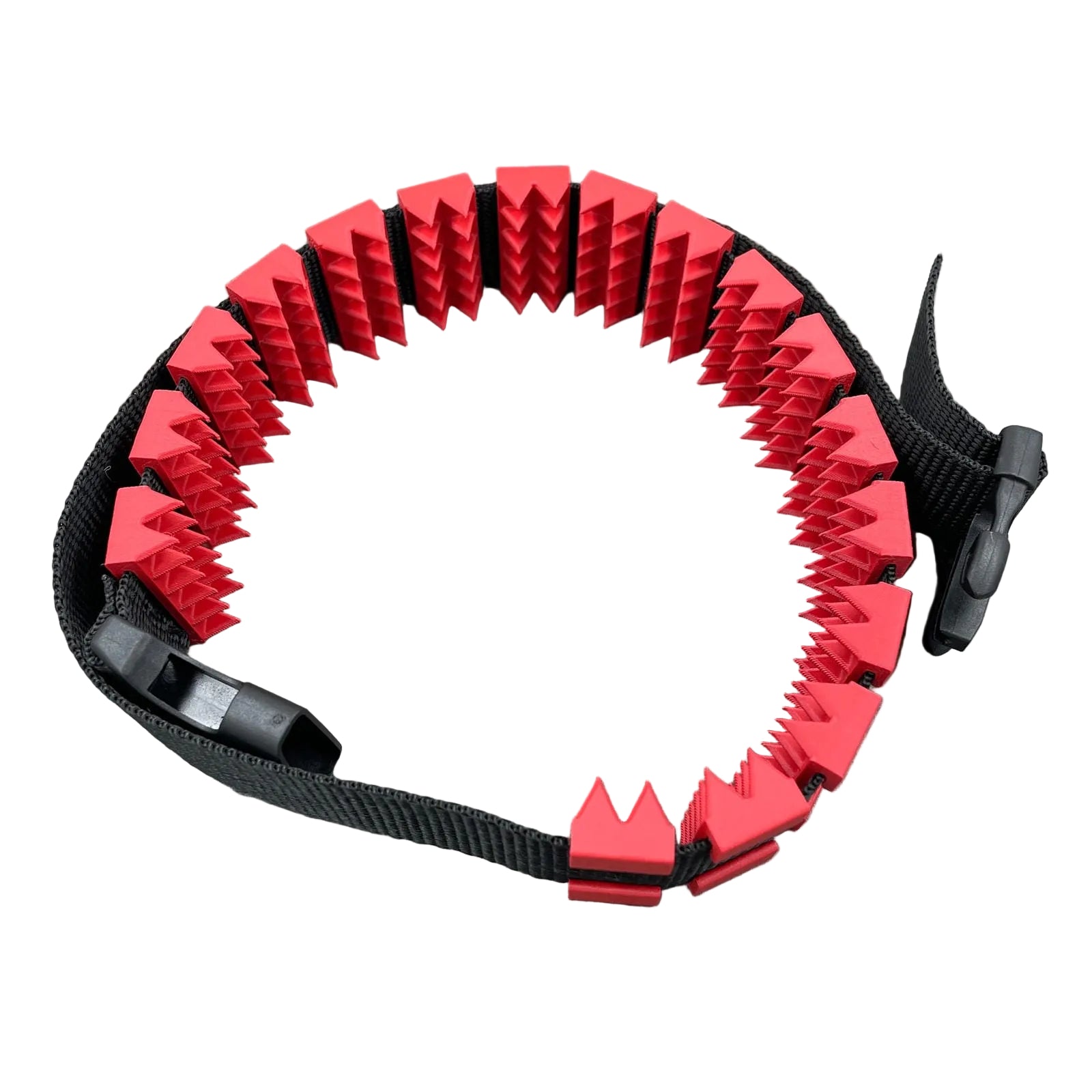 Een BDSM cilice met een zwarte band en spikes in de kleur rood