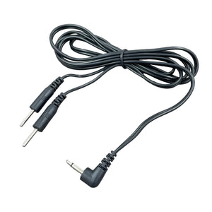 Een zwarte kabel voor e-stim producten met een Rimba plug en twee 2mm pluggen