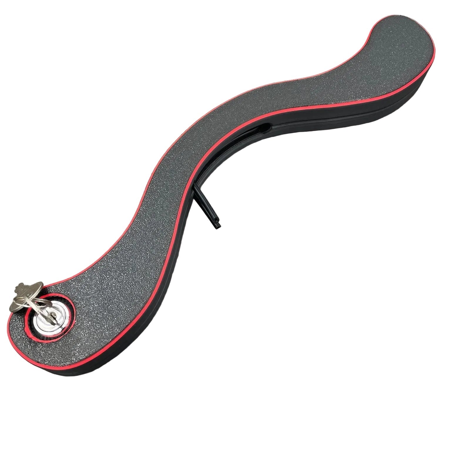 Een BDSM humbler met e-stim functionaliteit in het zwart met rode accenten