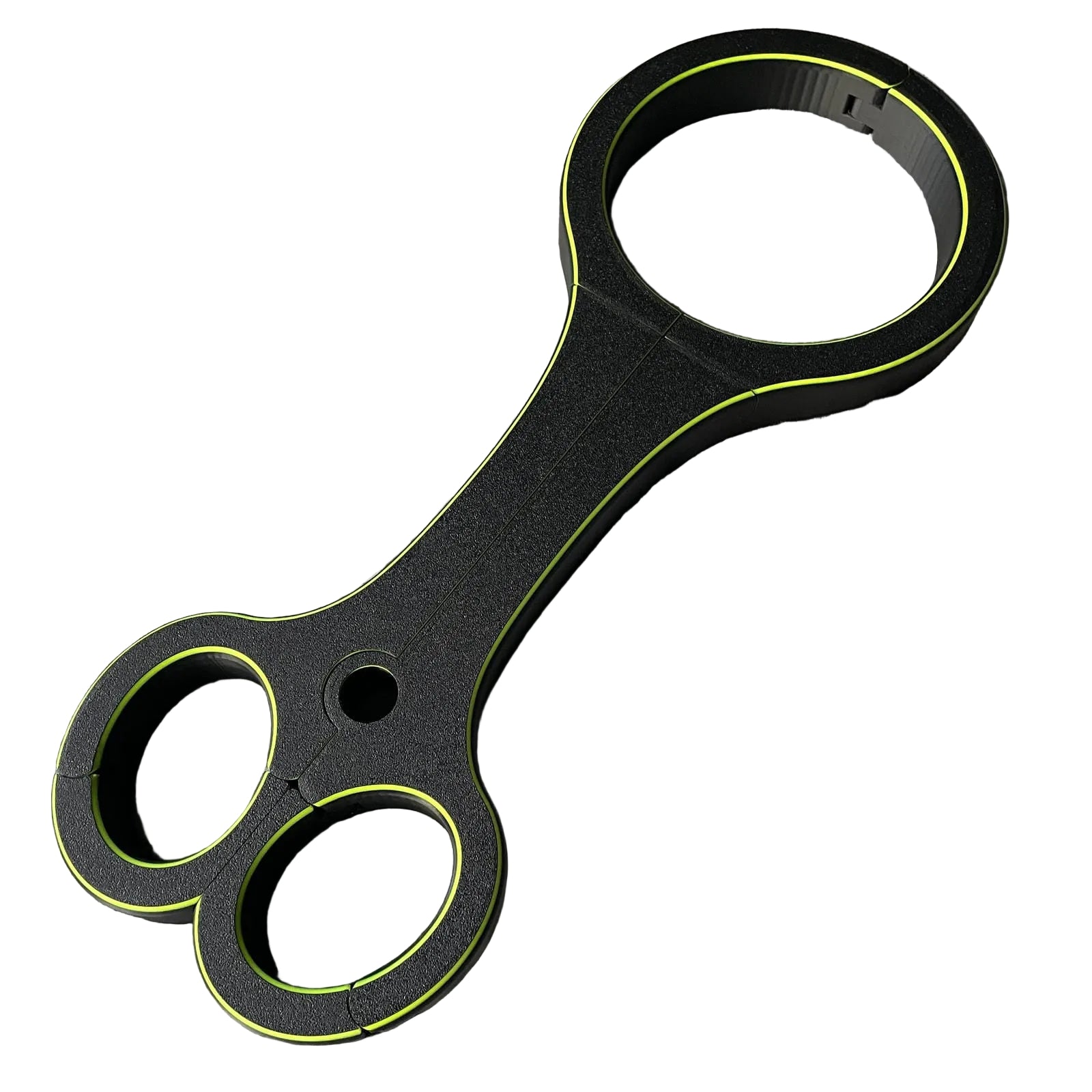 Een BDSM rigid fiddle in het zwart met UV-gele accenten