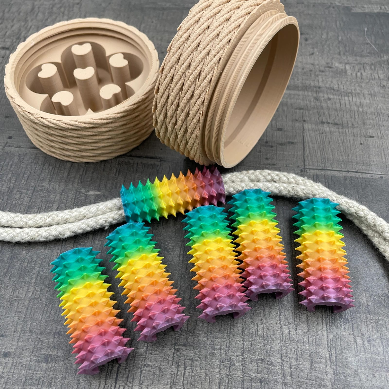 Een set van zes shibari rope spikes in regenboog kleuren van 3DSM