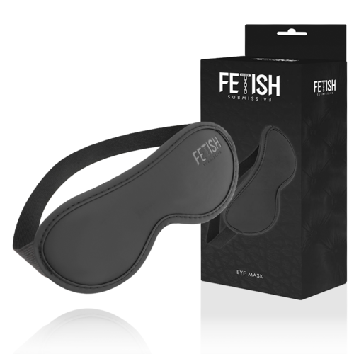 A BDSM blindfold made of vegan leather in black, with box