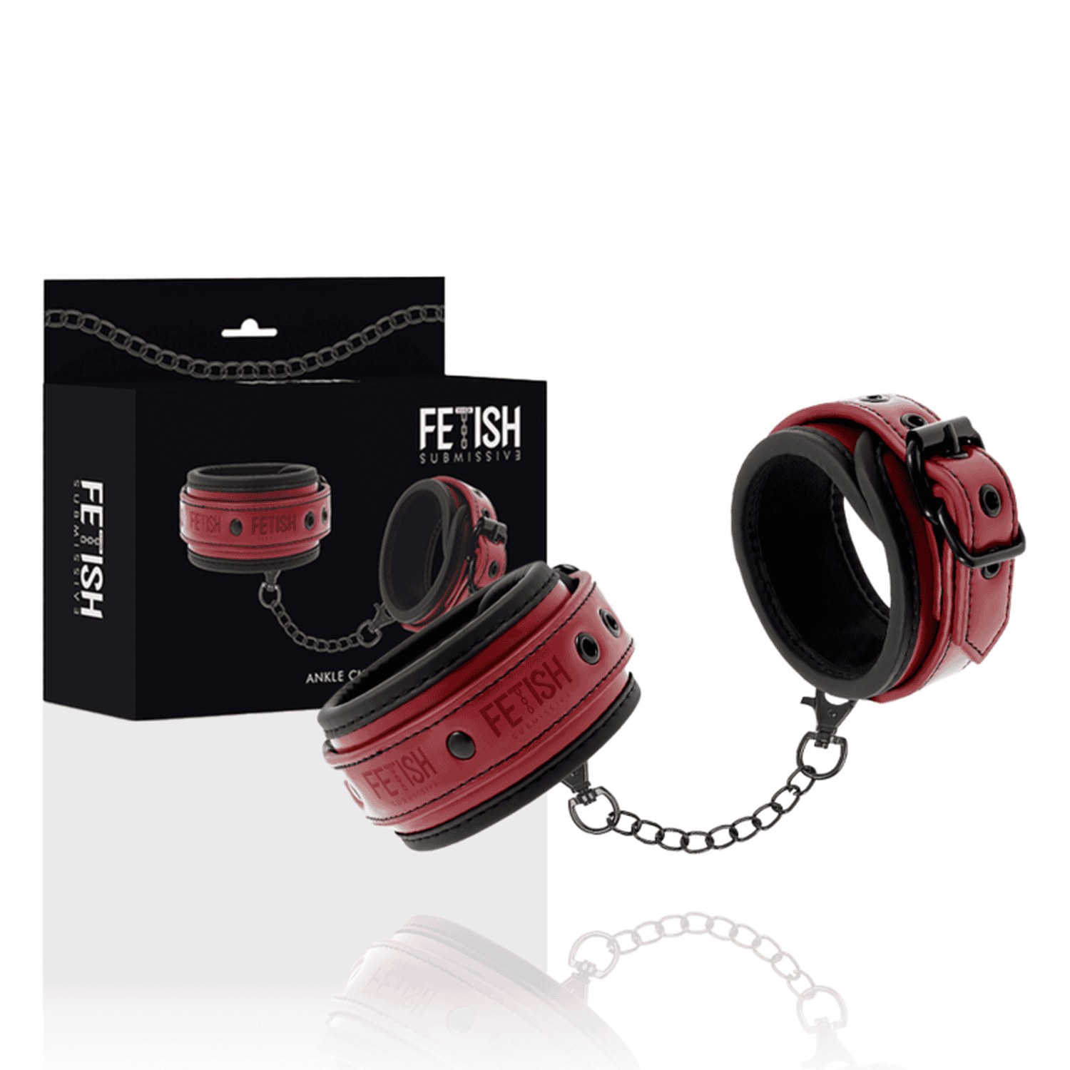 A set of BDSM ankle cuffs made from vegan leather in red and black colour with the box included