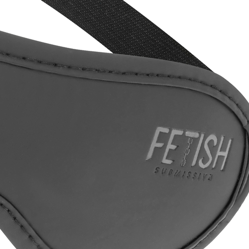 A BDSM blindfold made of vegan leather in black