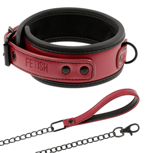 A BDSM collar with leash made from vegan leather in red and black colour
