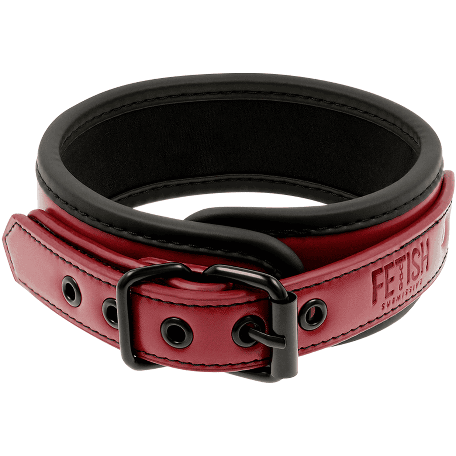 A BDSM collar with leash made from vegan leather in red and black colour